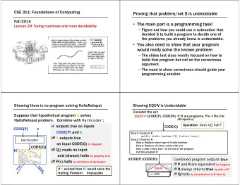 Proving that problem/set S is undecidable  Fall 2014  The main part is a programming task!