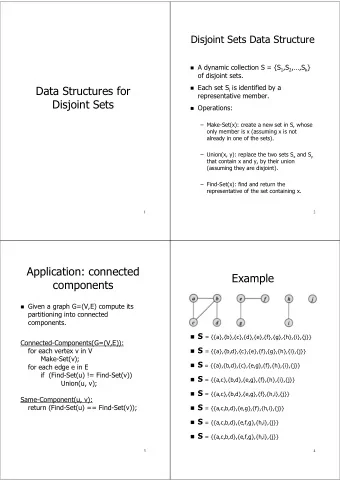 Data Structures for  representative member.  Disjoint Sets ! Operations:   Make-Set(x): create a