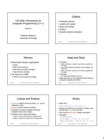Outline  CS11600: Introduction to  Computer memory  Computer Programming (C++)  Lvalues and