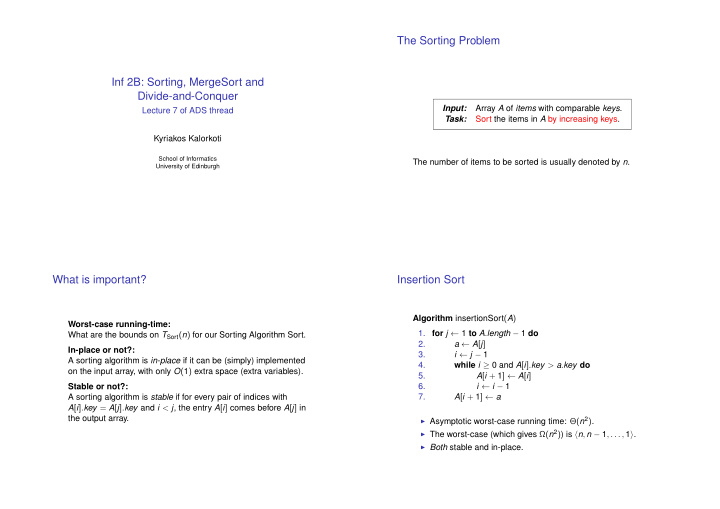 the sorting problem inf 2b sorting mergesort and divide