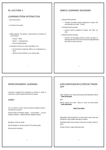 RL LECTURE 3  SIMPLE LEARNING TAXONOMY  LEARNING FROM INTERACTION  Supervised Learning   with