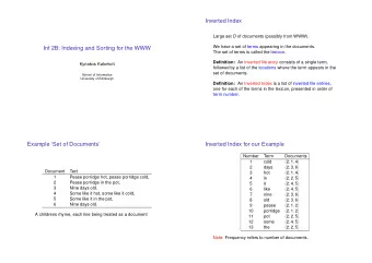 Inverted Index Large set D of documents (possibly from WWW).  We have a set of terms appearing in