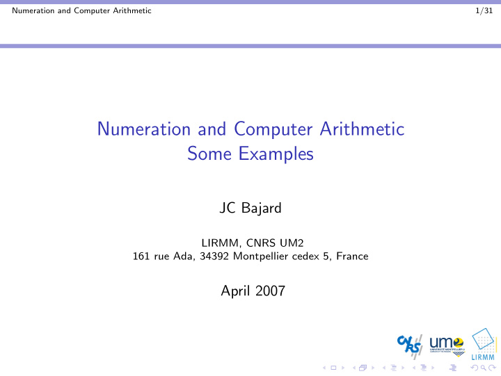 numeration and computer arithmetic some examples