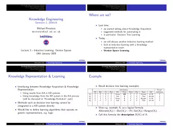 Where are we?  Knowledge Engineering  Semester 2, 2004-05  Last time . . .  Michael Rovatsos