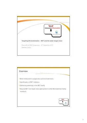 Overview  Brief introduction to epigenetics and bromodomains  Identification of BET