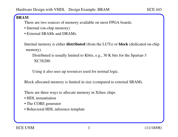 hardware design with vhdl design example bram ece 443