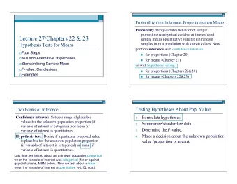 Lecture 27/Chapters 22 &amp; 23  sample means (quantitative variable) in random  samples from a