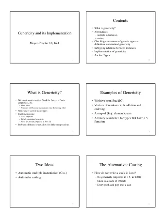 Contents   What is genericity?   Alternatives:  Genericity and its Implementation