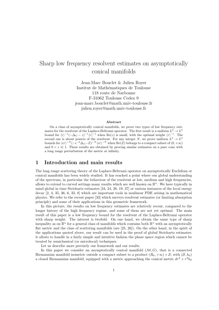 sharp low frequency resolvent estimates on asymptotically