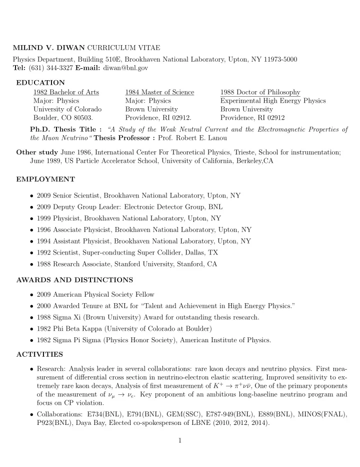milind v diwan curriculum vitae physics department