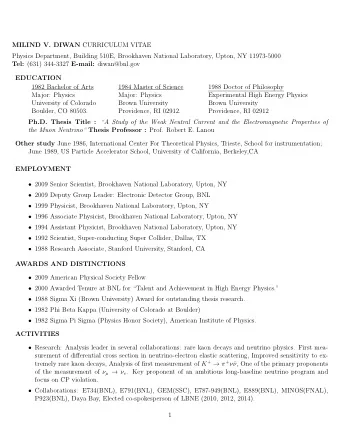 MILIND V. DIWAN CURRICULUM VITAE  Physics Department, Building 510E, Brookhaven National