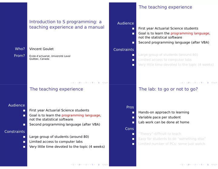 the teaching experience introduction to s programming a