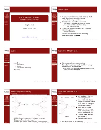 Introduction  CSCE  CSCE  496/896  496/896  Lecture 9:  Lecture 9:  word2vec and  word2vec and  To