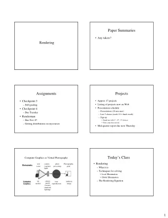 Paper Summaries   Any takers?  Rendering  Assignments  Projects   Approx 17 projects