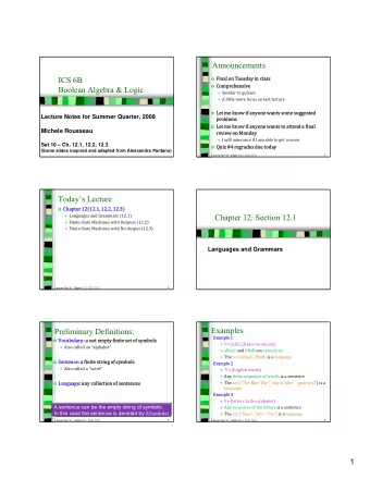 Announcements  ICS 6B  Final on Tuesday in class  Comprehensive  Boolean Algebra &amp; Logic