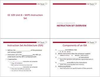 EE 109 Unit 8  MIPS Instruction  Set  Architecting a vocabulary for the HW  INSTRUCTION SET