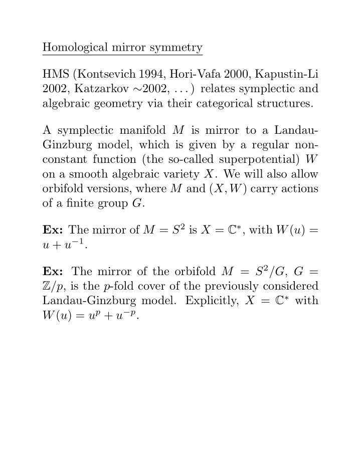 homological mirror symmetry hms kontsevich 1994 hori vafa