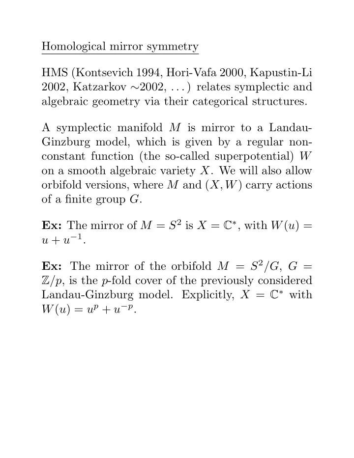 homological mirror symmetry hms kontsevich 1994 hori vafa