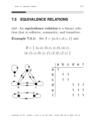7.5  EQUIVALENCE RELATIONS def: An equivalence relation is a binary rela-  tion that is reflexive,