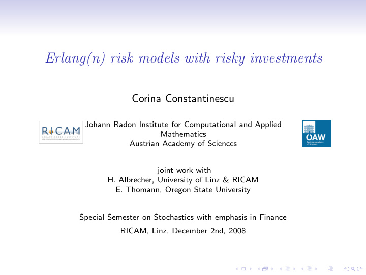 erlang n risk models with risky investments