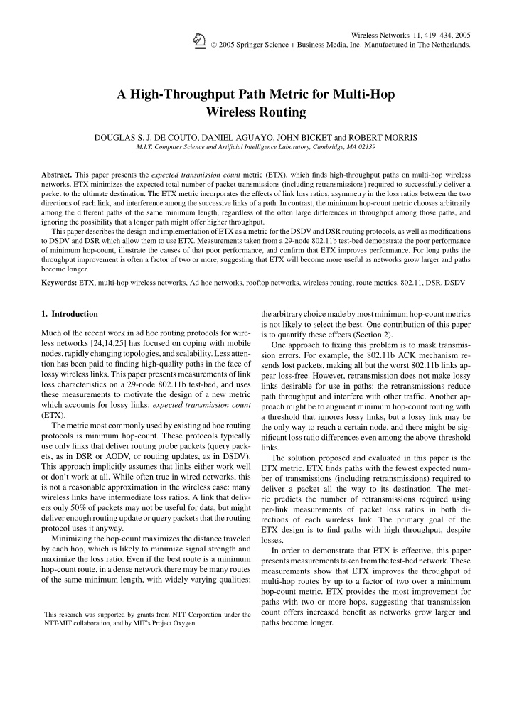 a high throughput path metric for multi hop wireless