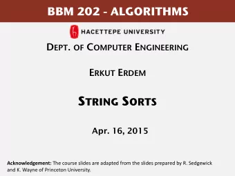TODAY  String sorts  Key-indexed counting  LSD radix sort  MSD radix sort  3-way