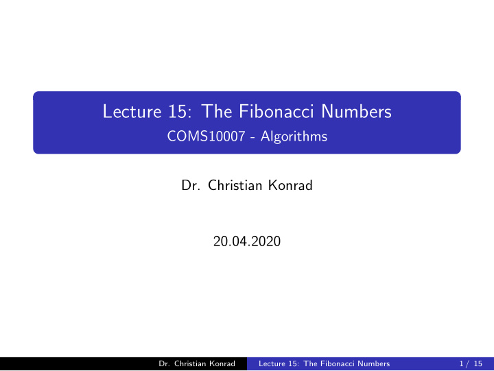 lecture 15 the fibonacci numbers