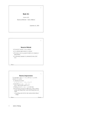 Math 211  Math 211  Lecture #12  Numerical Methods  Eulers Method  September 22, 2003  2