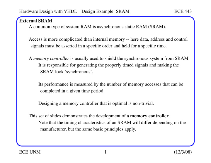 hardware design with vhdl design example sram ece 443