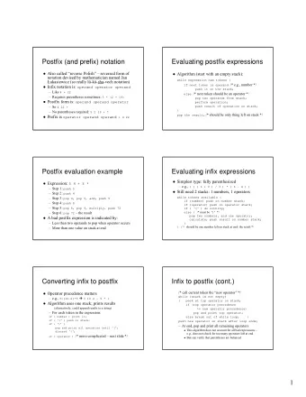 Postfix (and prefix) notation  Evaluating postfix expressions  Also called reverse Polish