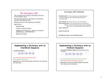 The Dictionary ADT  The dictionary ADT models a searchable collection findElement(k): if the