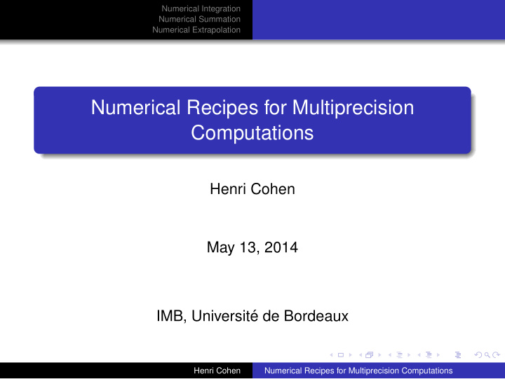 numerical recipes for multiprecision computations