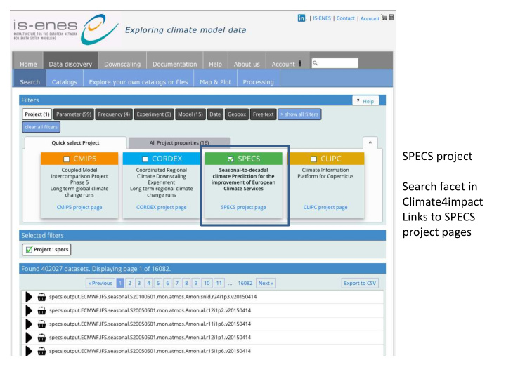 specs project search facet in climate4impact links to