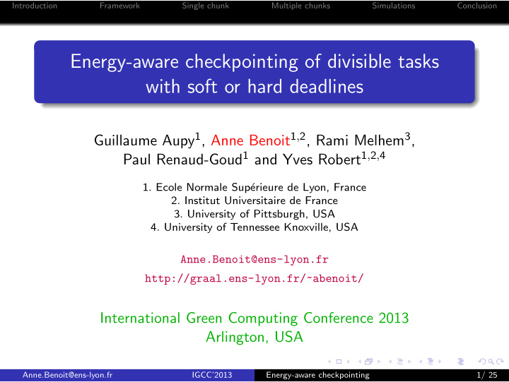 energy aware checkpointing of divisible tasks with soft