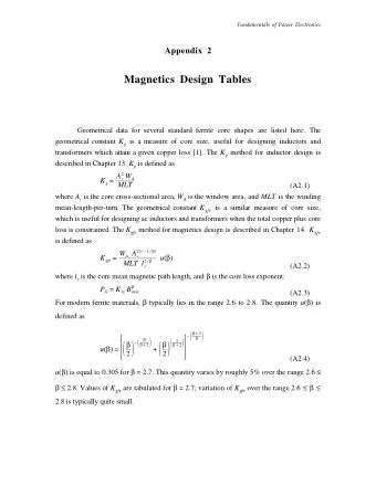 Magnetics Design Tables  Geometrical data for several standard ferrite core shapes are listed here.