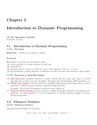 Chapter 5  Introduction to Dynamic Programming  CS 573: Algorithms, Fall 2013  September 10, 2013