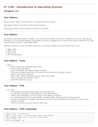 IT 1100 : Introduction to Operating Systems  Chapter 12  Text Editors  There are two types of text