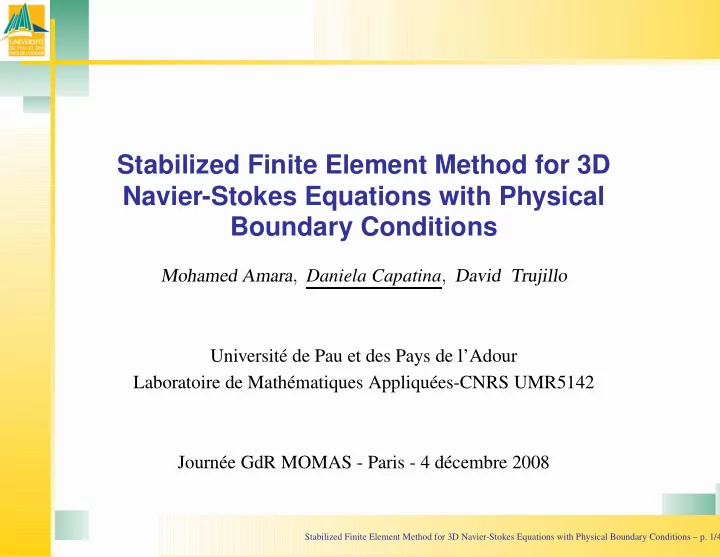 stabilized finite element method for 3d navier stokes