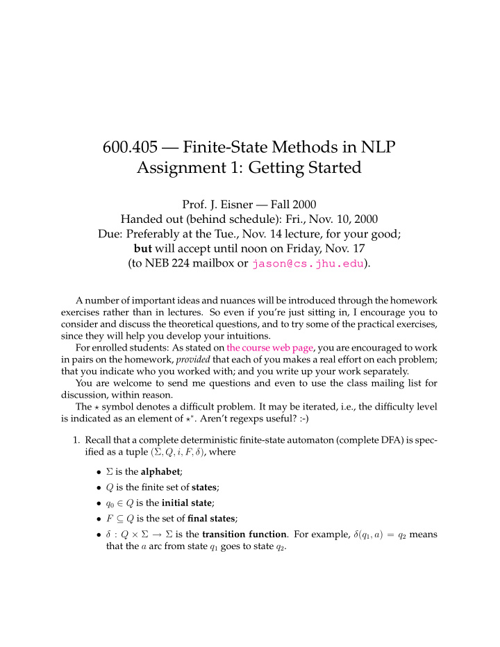 600 405 finite state methods in nlp assignment 1 getting
