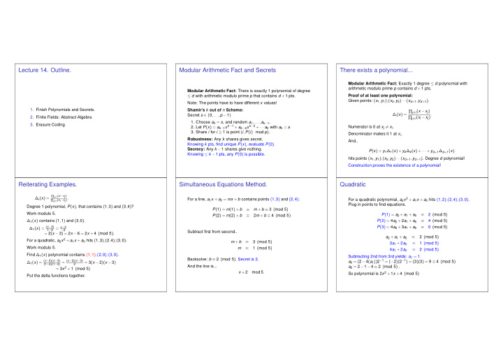 lecture 14 outline modular arithmetic fact and secrets