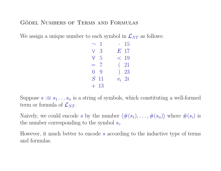 g odel numbers of terms and formulas we assign a unique