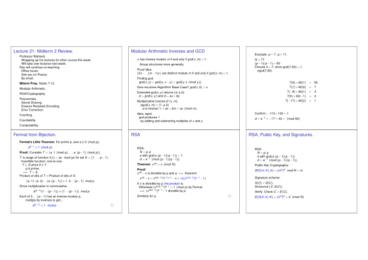 lecture 21 midterm 2 review modular arithmetic inverses