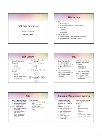 This Lecture  SQL  The SQL language  SQL, the relational model, and E/R diagrams  SQL Data
