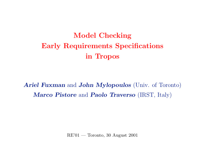 model checking early requirements specifications in tropos