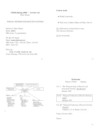 Course work  CS256/Spring 2008  Lecture #1  Zohar Manna  Weekly homeworks  FORMAL METHODS FOR