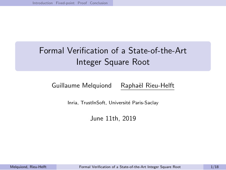 formal verification of a state of the art integer square
