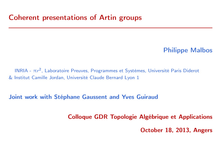 coherent presentations of artin groups