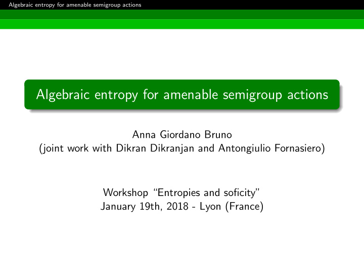 algebraic entropy for amenable semigroup actions