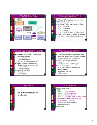 CS6710 Tool Suite  Verilog is the Key Tool  Verilog-XL  Behavioral Verilog is synthesized into