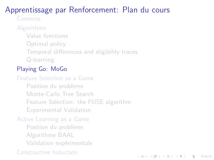 apprentissage par renforcement plan du cours